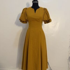 Elegant Mustard Puff Sleeve Dress